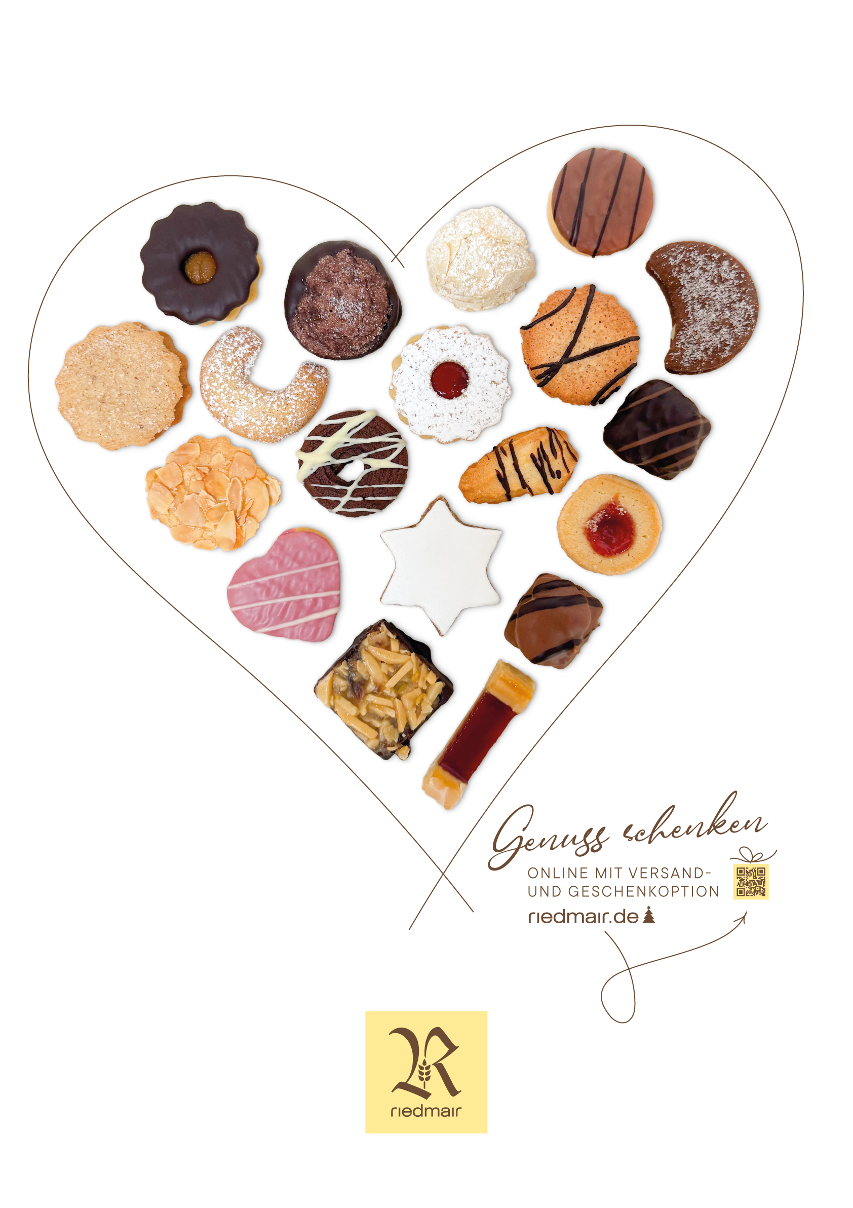 Herz aus Weihnachtsgebäck mit dem Text Genuss schenken